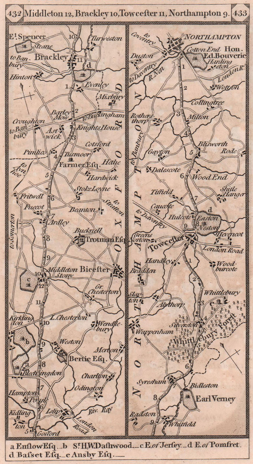 Bicester - Brackley - Towcester - Northampton road strip map PATERSON 1803